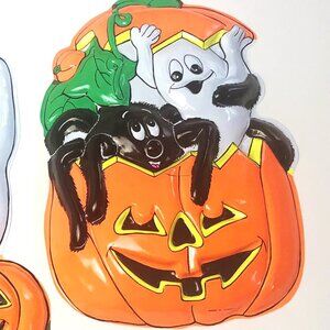 80s Vintage Halloween Decoration - Molded Plastic Pumpkin & Friends